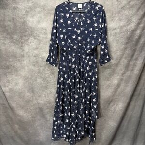 Cabi Pemberley Print Floral Midi Dress Size 6 Navy Blue Sheer Chiffon Chic 5575